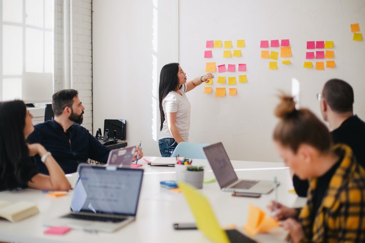 Eine Person präsentiert etwas mit PostIts an einer Wand. Vier Personen sitzen davor an einem Tisch mit Laptops.