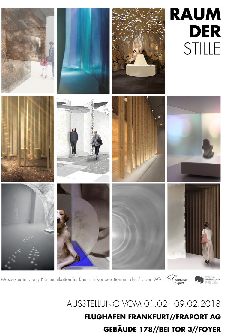 Plakat zur Ausstellung "Raum der Stille" - Aufnahmen von verschiedenen Raumentwürfen